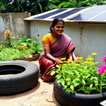 **

A vibrant, sunlit rooftop garden in a Bengali household. Lush green plants and colorful flowers grow in recycled containers (old tires, plastic bottles creatively repurposed). A woman in a sari is tending to the garden, smiling. Solar panels are visible in the background. The scene should evoke a sense of peace, sustainability, and connection with nature. Focus on details that are culturally relevant to Bengal, such as specific types of plants commonly grown in the region.

**