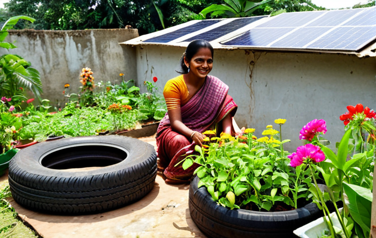 **
A vibrant, sunlit rooftop garden in a Bengali household. Lush green plants and colorful flowers grow in recycled containers (old tires, plastic bottles creatively repurposed). A woman in a sari is tending to the garden, smiling. Solar panels are visible in the background. The scene should evoke a sense of peace, sustainability, and connection with nature. Focus on details that are culturally relevant to Bengal, such as specific types of plants commonly grown in the region.
**