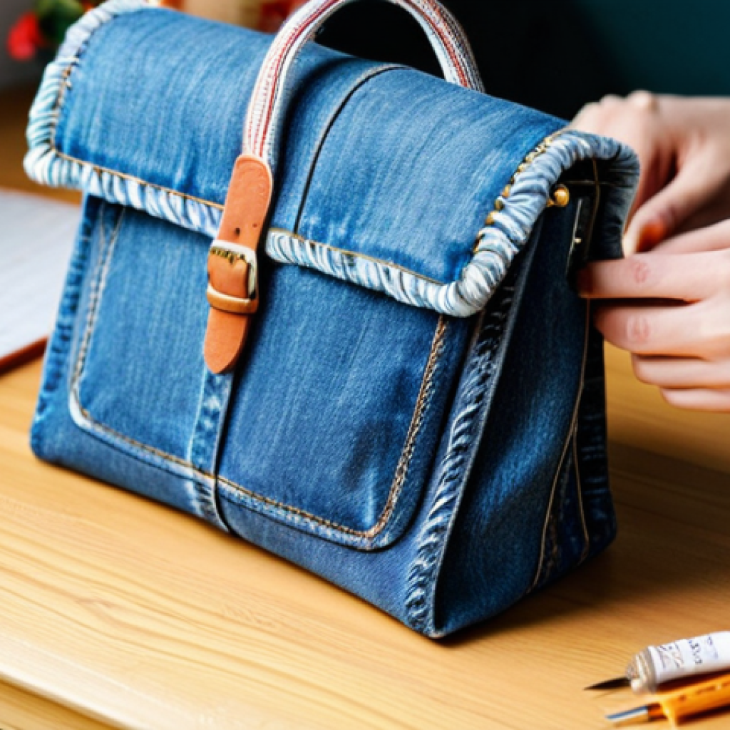 **

A woman crafting a stylish bag from old denim jeans in a brightly lit, cozy room. She is fully clothed in a modest, comfortable outfit. Background includes sewing materials and other upcycled projects. Safe for work, appropriate content, professional, perfect anatomy, natural pose, well-formed hands, proper finger count, high quality, family-friendly.

**