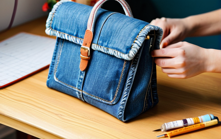 **

A woman crafting a stylish bag from old denim jeans in a brightly lit, cozy room. She is fully clothed in a modest, comfortable outfit. Background includes sewing materials and other upcycled projects. Safe for work, appropriate content, professional, perfect anatomy, natural pose, well-formed hands, proper finger count, high quality, family-friendly.

**