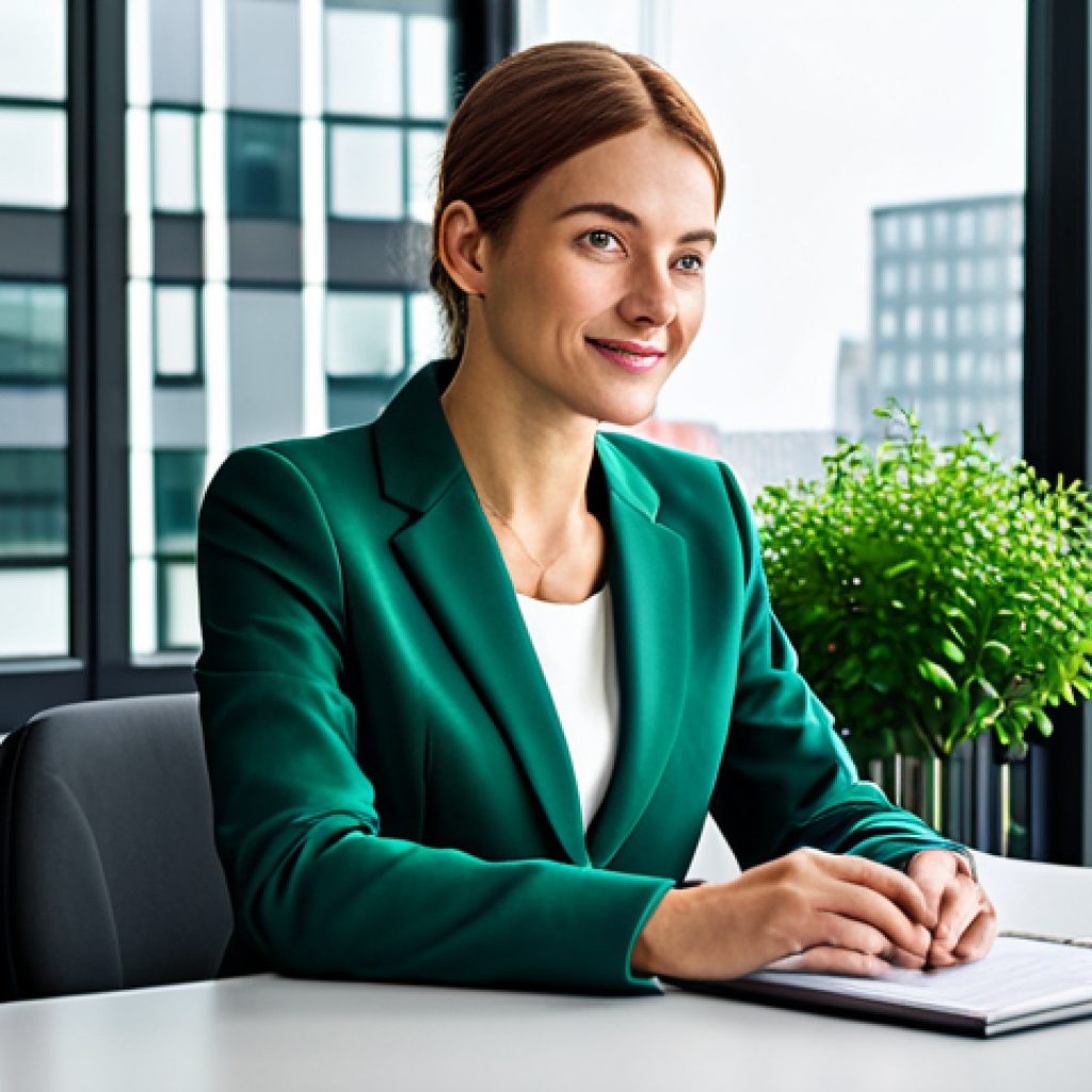 에코크리에이션을 위한 사용자 경험 디자인 - **

A professional businesswoman in a modest business suit, sitting at a desk in a modern, eco-frien...