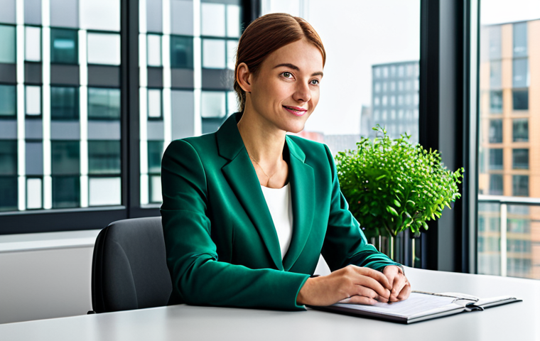 에코크리에이션을 위한 사용자 경험 디자인 - **

A professional businesswoman in a modest business suit, sitting at a desk in a modern, eco-frien...