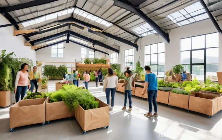에코크리에이션과 사회적 책임 - **Prompt 1: A Vibrant Eco-Community Hub**
    A bright, wide-angle shot of a bustling community cent...