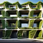 자연을 모티브로 한 에코크리에이션 사례 - **Prompt:** A futuristic, multi-story building gracefully integrated into an urban green space, feat...