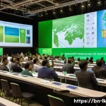 에코크리에이션의 국제적 협력 사례 - A vibrant international conference scene showing diverse Bangladeshi scientists, engineers, and poli...