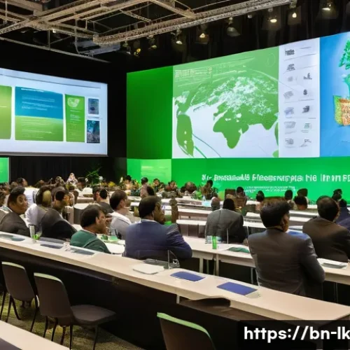 에코크리에이션의 국제적 협력 사례 - A vibrant international conference scene showing diverse Bangladeshi scientists, engineers, and poli...