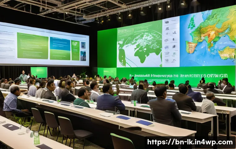 에코크리에이션의 국제적 협력 사례 - A vibrant international conference scene showing diverse Bangladeshi scientists, engineers, and poli...