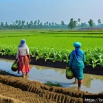 에코크리에이션의 환경적 측면 - A vibrant rural scene in Bangladesh showing local farmers practicing eco-friendly agriculture, weari...