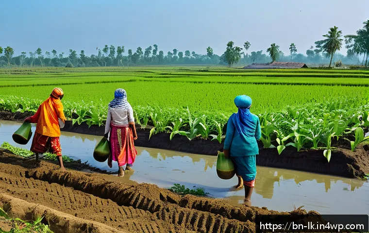 에코크리에이션의 환경적 측면 - A vibrant rural scene in Bangladesh showing local farmers practicing eco-friendly agriculture, weari...
