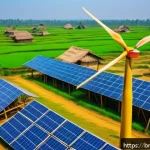 에코크리에이션의 글로벌 사례 비교 - A vibrant rural village scene in Bangladesh featuring solar panels installed on rooftops and open fi...