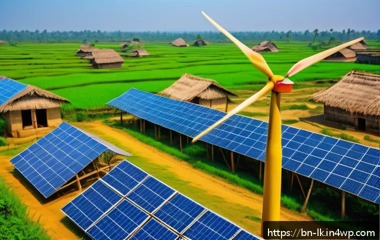 에코크리에이션의 글로벌 사례 비교 - A vibrant rural village scene in Bangladesh featuring solar panels installed on rooftops and open fi...