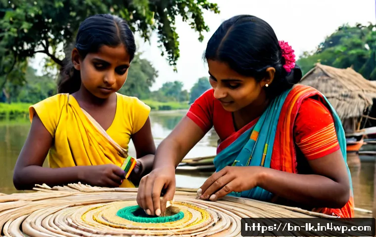 Home 17 에코크리에이션의 문화적 가치 - Photorealistic community art workshop in a Bengali riverside village, diverse local adults and child...